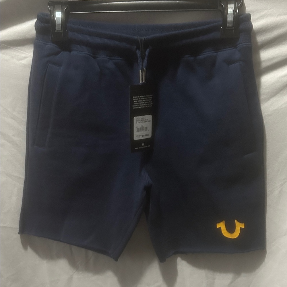 True Religion Dark Blue Athletic Shorts with Yellow Emblem
